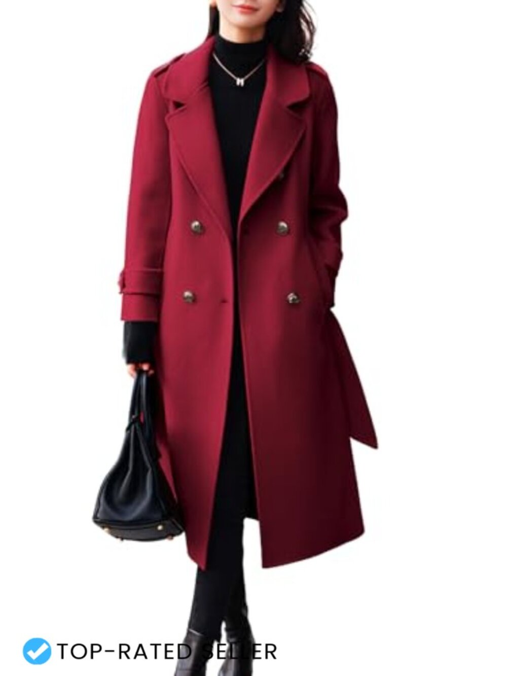 Wool Blend Belted Midi Pea Coat Double Breasted Long Winter Overcoat